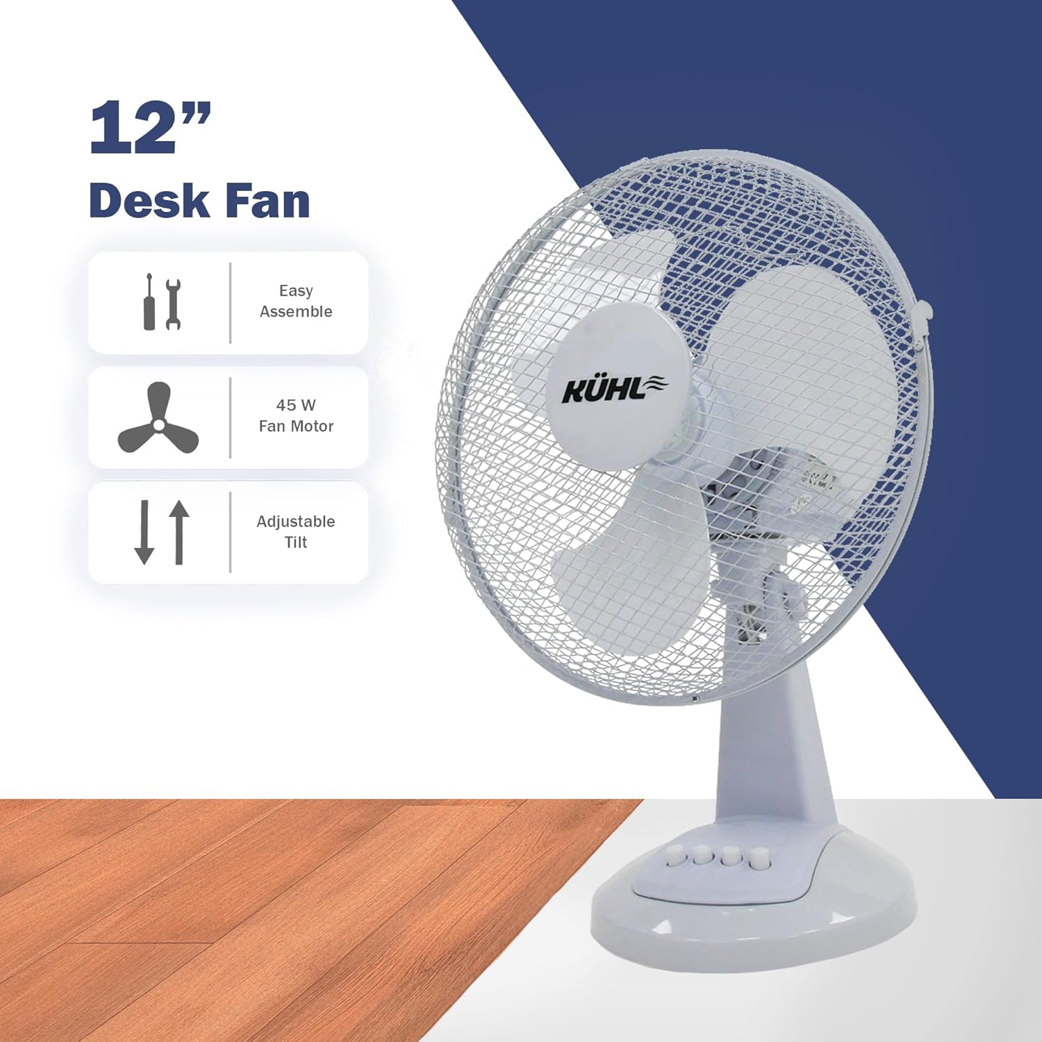 KÜHL 12" White Desk Fan Electric Oscillating Cooling Fan with 3 Speed Settings | Adjustable Tilt | Table Fan for Home, Office or Bedroom | Easy to Assemble