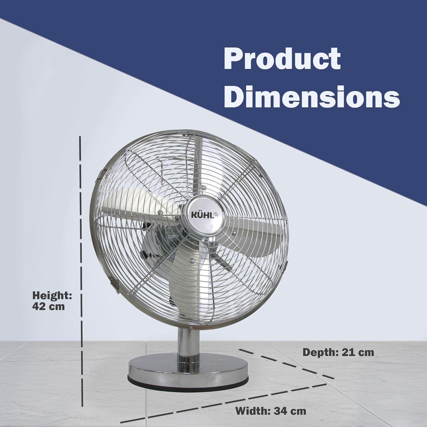 KÜHL 12" Desk Fan Electric Oscillating Metal Cooling Fan with 3 Speed Settings | Adjustable Tilt | Table Fan for Home, Office or Bedroom | Easy to Assemble