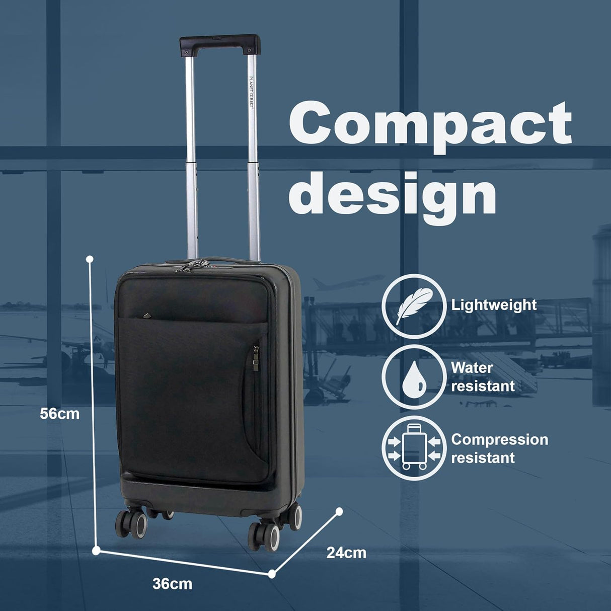 Planet Direct Suitcase (56x36x24cm) with Cup & Phone Holder | USB Port | Lightweight ABS Hybrid Shell | 4 Spinner Wheels | Laptop Pouch | Travel