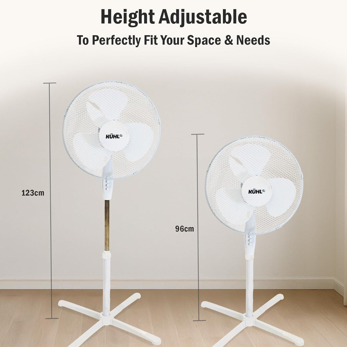KÜHL 16" White Electric Pedestal Fan | 3 Speed Settings | 80° Oscillation | Adjustable Standing Fan | Easy to Assemble | For Home & Office