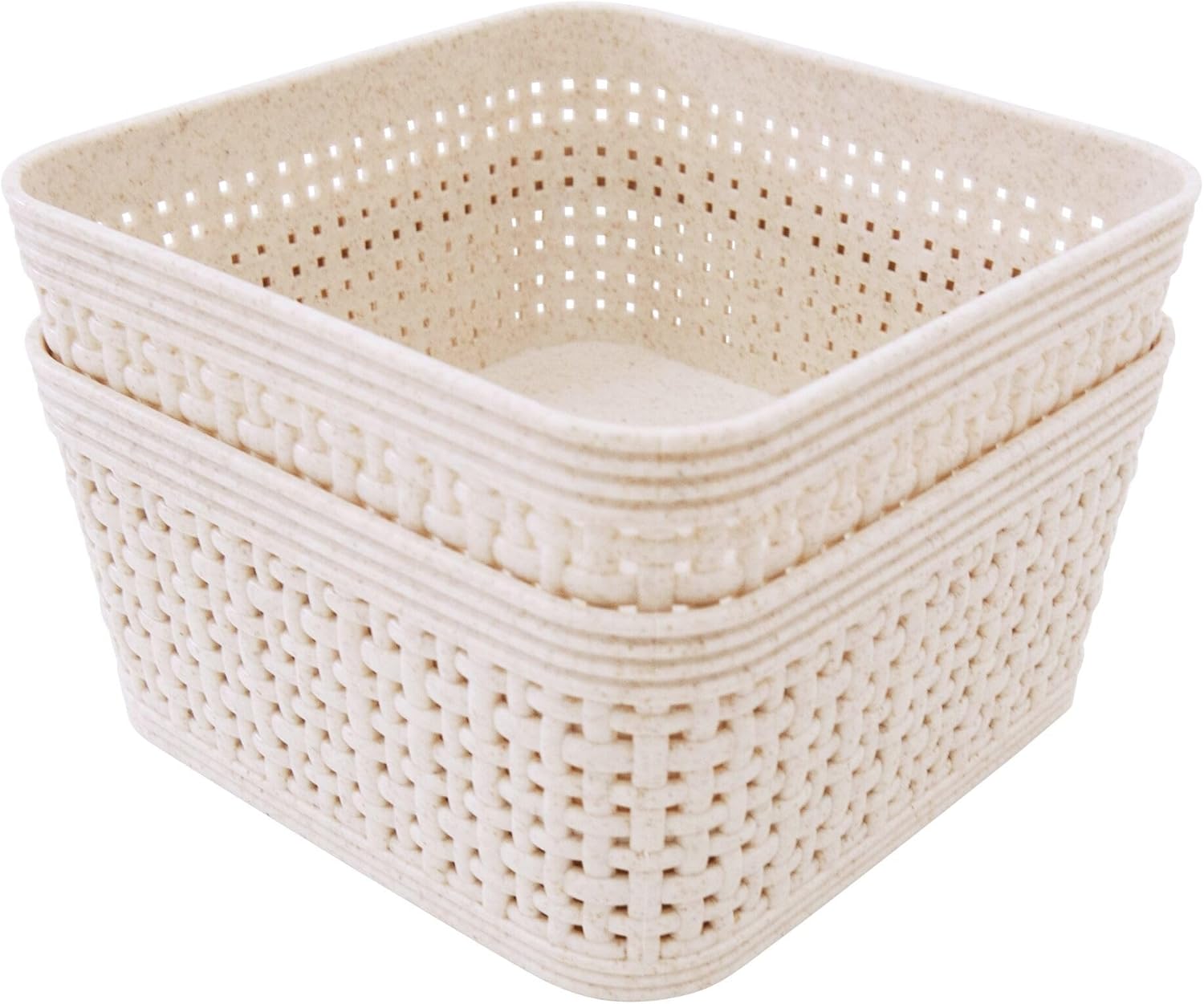 Woven Design Storage Basket | Stackable Plastic Organisers - Set of 2 (12 x 12cm)