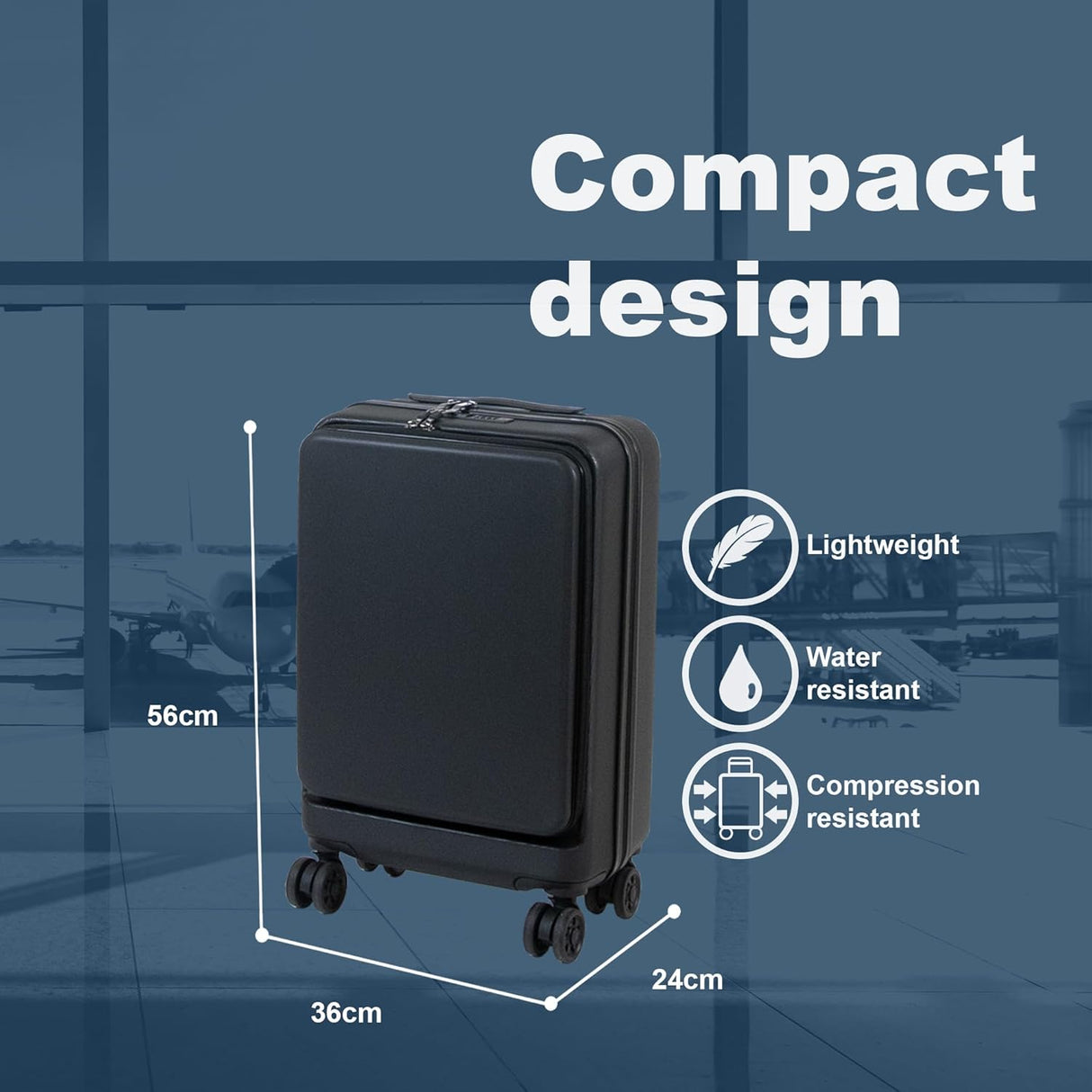 Planet Direct Suitcase (56x35x23cm) with Cup & Phone Holder | Lightweight ABS Hard Shell | Laptop Compartment | 4 Wheel Carry On Luggage Bag