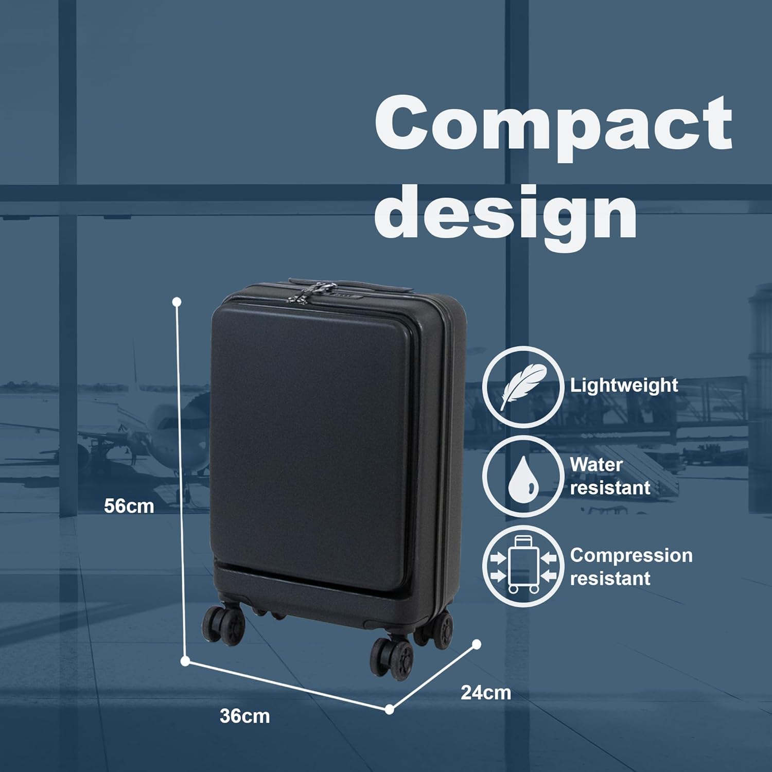 Planet Direct Suitcase (56x35x23cm) with Cup & Phone Holder | Lightweight ABS Hard Shell | Laptop Compartment | 4 Wheel Carry On Luggage Bag