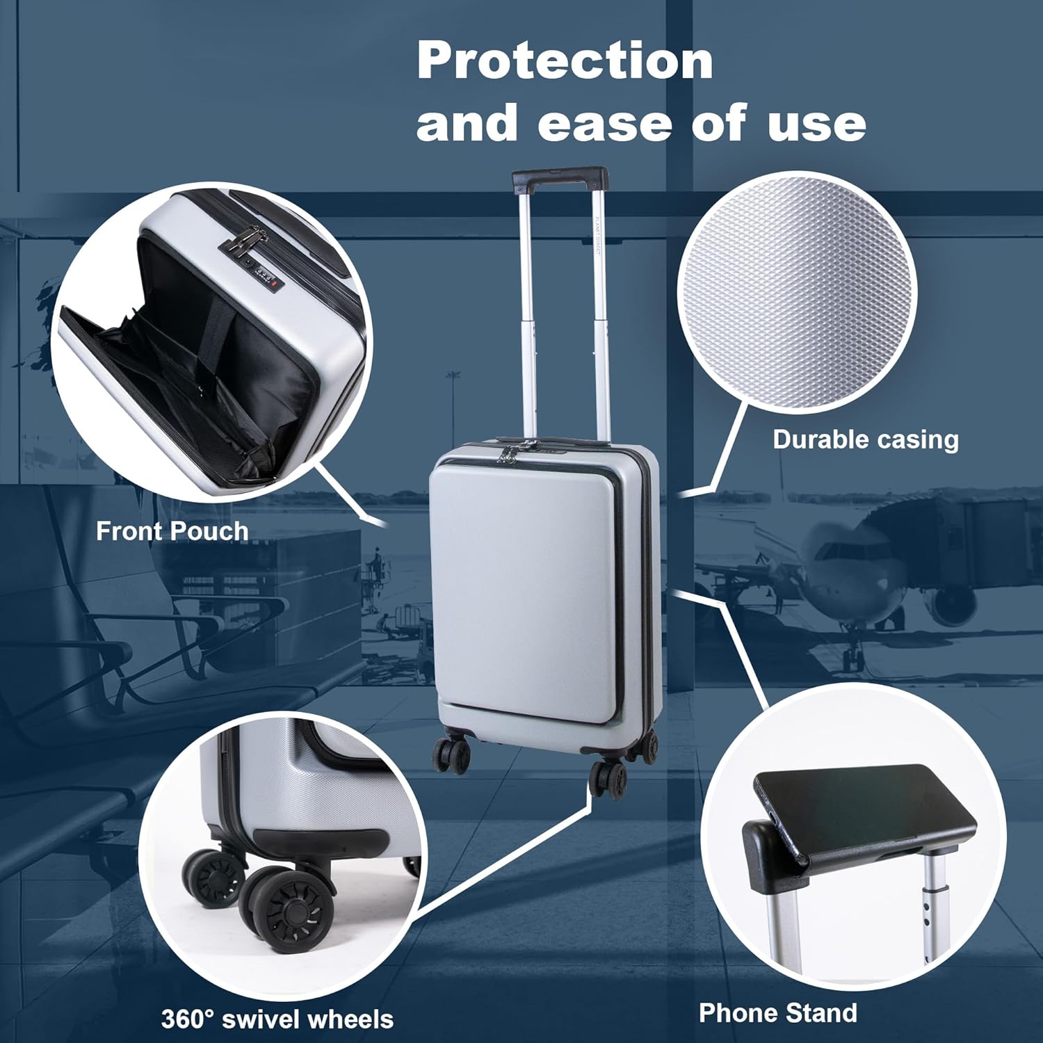 Planet Direct Suitcase (56x35x23cm) with Cup & Phone Holder | Lightweight ABS Hard Shell | Laptop Compartment | 4 Wheel Carry On Luggage Bag