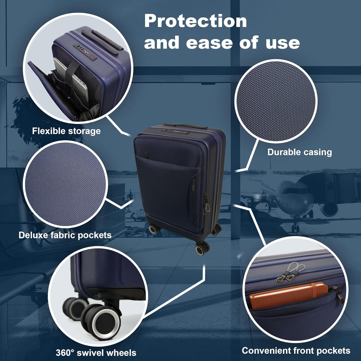 Planet Direct Suitcase (56x36x24cm) with Cup & Phone Holder | USB Port | Lightweight ABS Hybrid Shell | 4 Spinner Wheels | Laptop Pouch | Travel