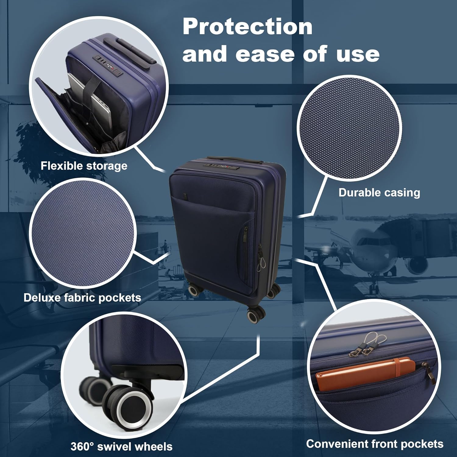 Planet Direct Suitcase (56x36x24cm) with Cup & Phone Holder | USB Port | Lightweight ABS Hybrid Shell | 4 Spinner Wheels | Laptop Pouch | Travel