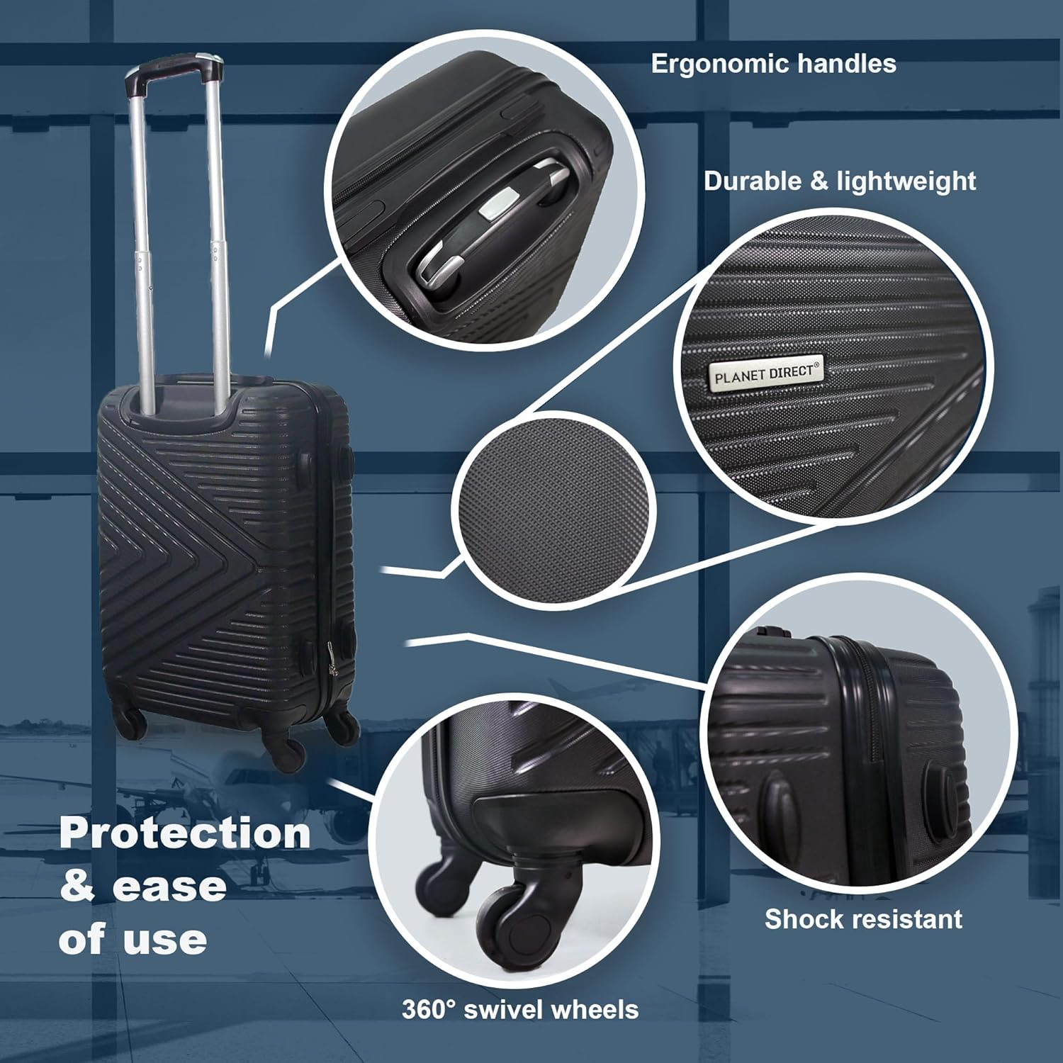 Planet Direct Cabin Suitcase (55x36x23cm) | Hard Shell Lightweight Suitcase | 3-Digit Lock | 4 Spinner Wheels | Telescopic Handle | Carry On Luggage