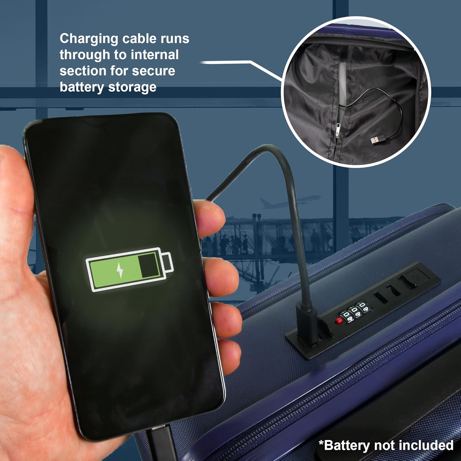 Planet Direct Suitcase (56x36x24cm) with Cup & Phone Holder | USB Port | Lightweight ABS Hybrid Shell | 4 Spinner Wheels | Laptop Pouch | Travel