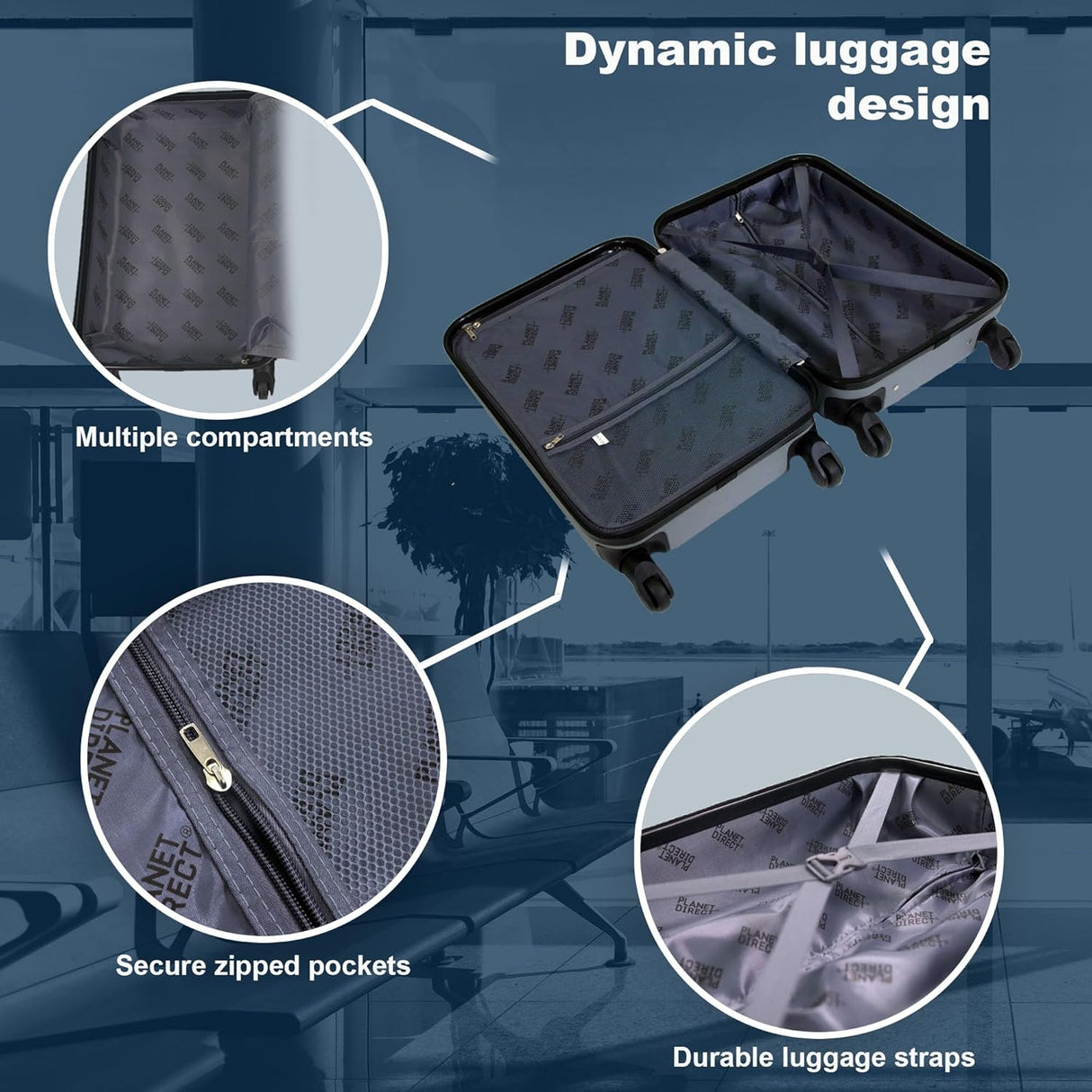 Planet Direct Cabin Suitcase (55x36x23cm) | Hard Shell Lightweight Suitcase | 3-Digit Lock | 4 Spinner Wheels | Telescopic Handle | Carry On Luggage