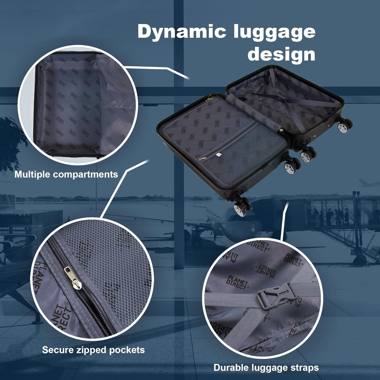 Planet Direct Suitcase (51x35x23cm) Lightweight ABS Hard Shell 4 Detachable Spinner Wheels Luggage Bag