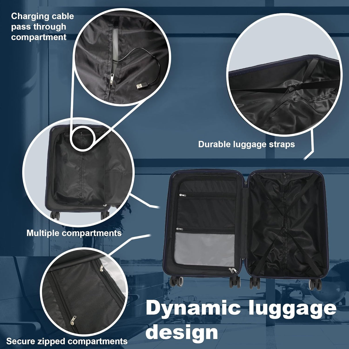 Planet Direct Suitcase (56x36x24cm) with Cup & Phone Holder | USB Port | Lightweight ABS Hybrid Shell | 4 Spinner Wheels | Laptop Pouch | Travel