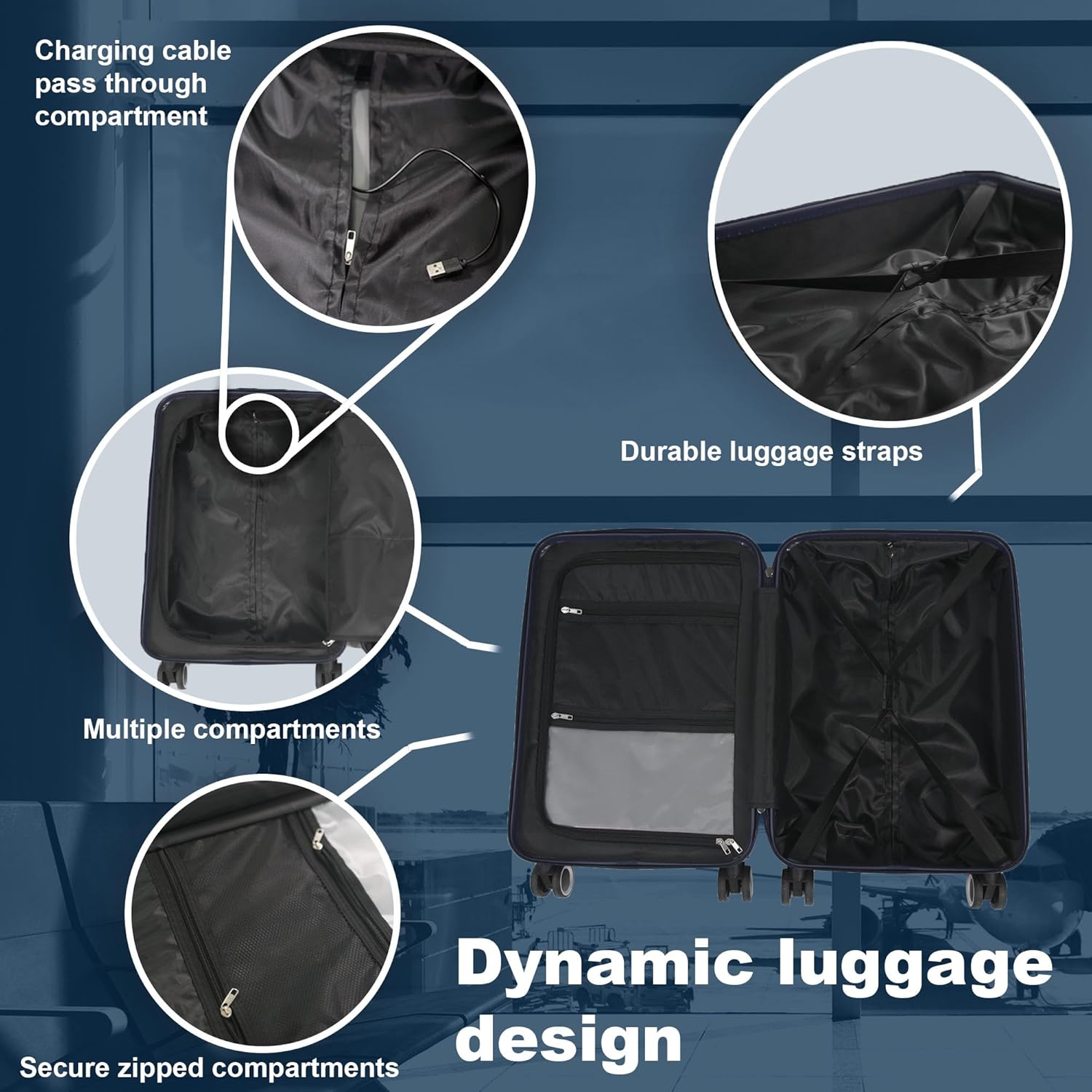 Planet Direct Suitcase (56x36x24cm) with Cup & Phone Holder | USB Port | Lightweight ABS Hybrid Shell | 4 Spinner Wheels | Laptop Pouch | Travel