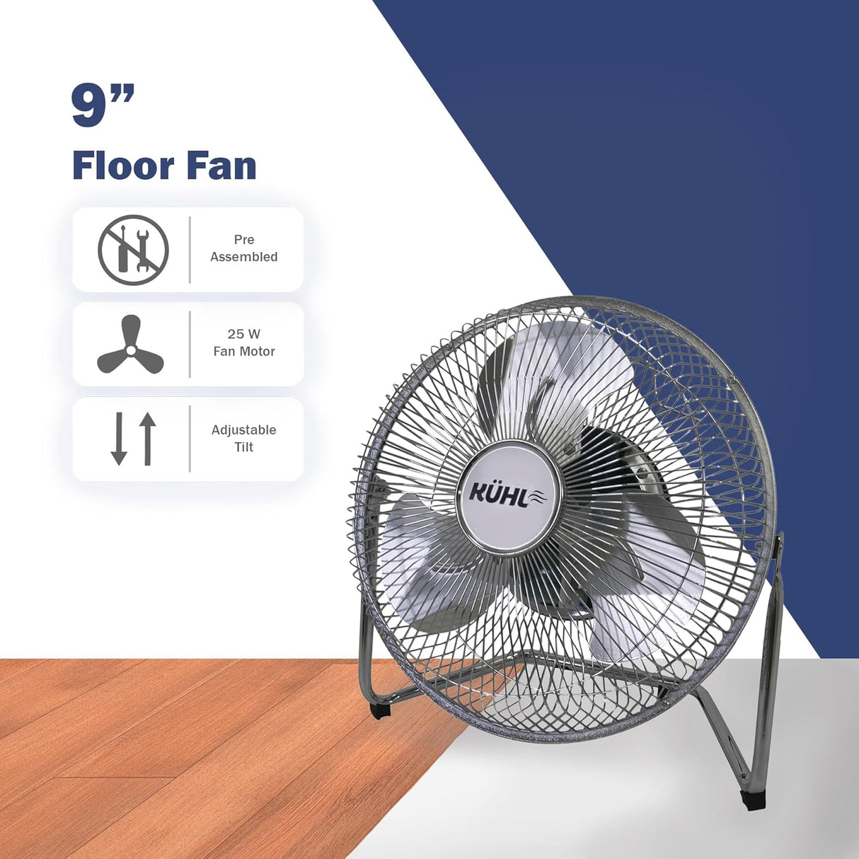 KÜHL Chrome Metal Floor Fan – 3 Speed Settings, Adjustable Tilt, No Assembly Required – Powerful Electric Desk & Room Fan for Home or Office