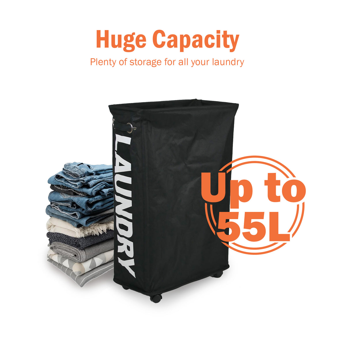 55L Black Laundry Tote Bag with Wheels