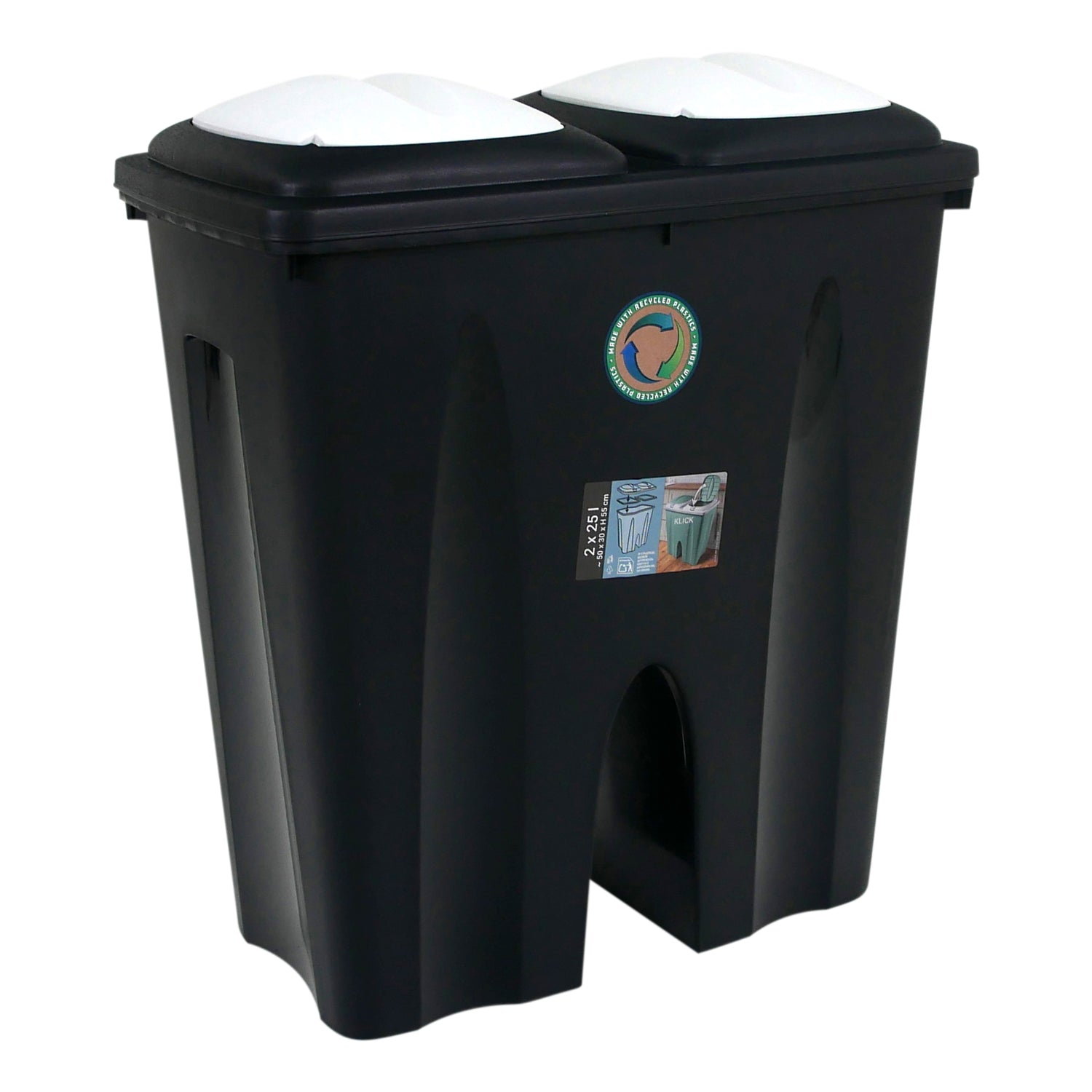 Kitchen Recycling Bin, 50L Total, Dual 25L Compartments, Flip Lids, 3 Colours