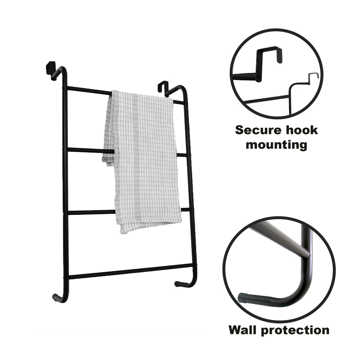 Over The Door Towel Rail Black 4 Tier Towel Rack, Hanging Metal Towel Rack Holder with 4 Bars, Over Door or Wall Mounted Towel Storage Bathroom Towel Rack 73x43cm