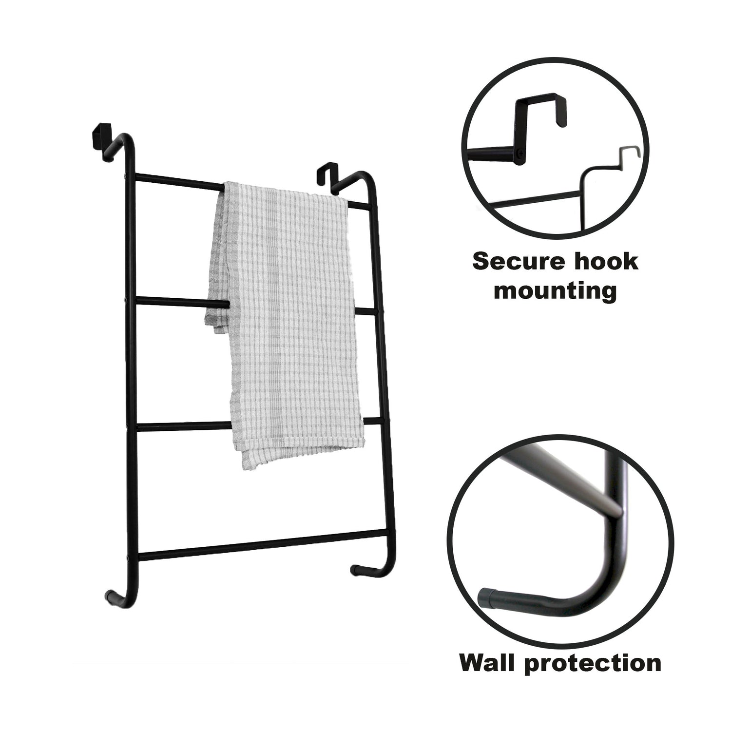 Over The Door Towel Rail Black 4 Tier Towel Rack, Hanging Metal Towel Rack Holder with 4 Bars, Over Door or Wall Mounted Towel Storage Bathroom Towel Rack 73x43cm