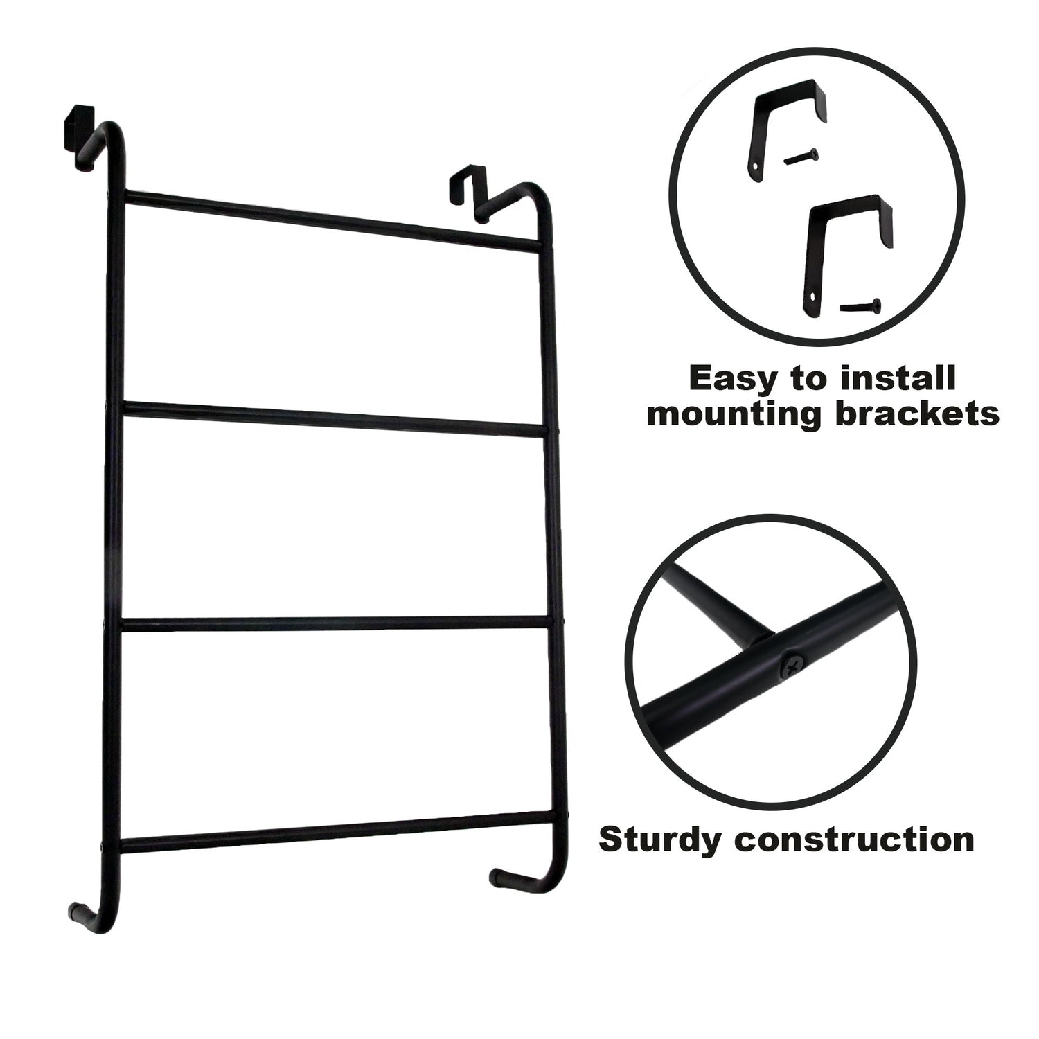 Over The Door Towel Rail Black 4 Tier Towel Rack, Hanging Metal Towel Rack Holder with 4 Bars, Over Door or Wall Mounted Towel Storage Bathroom Towel Rack 73x43cm