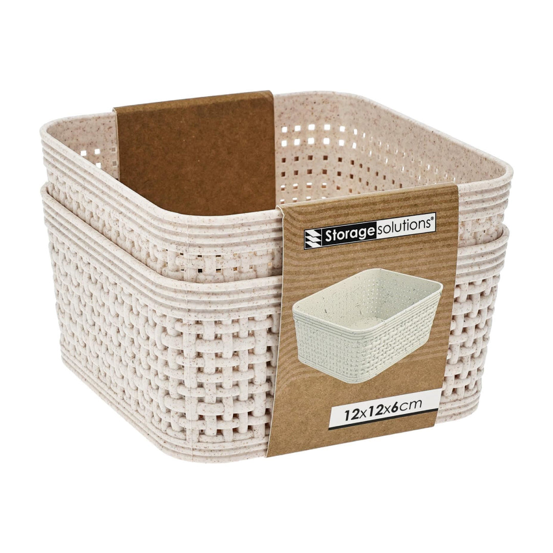 Woven Design Storage Basket | Stackable Plastic Organisers - Set of 2 (12 x 12cm)