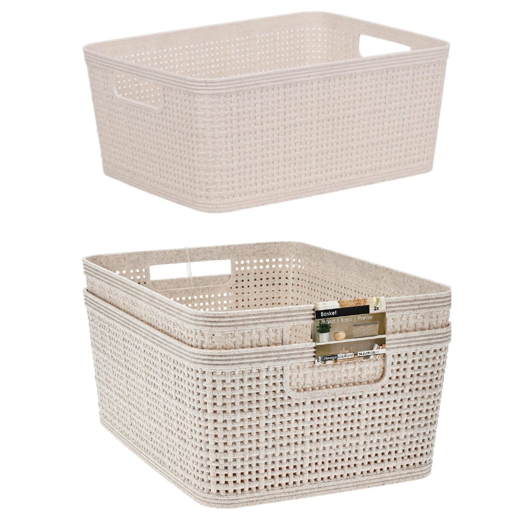Woven Design Storage Basket | Stackable Plastic Organisers - Set of 2 (25 x 19cm)