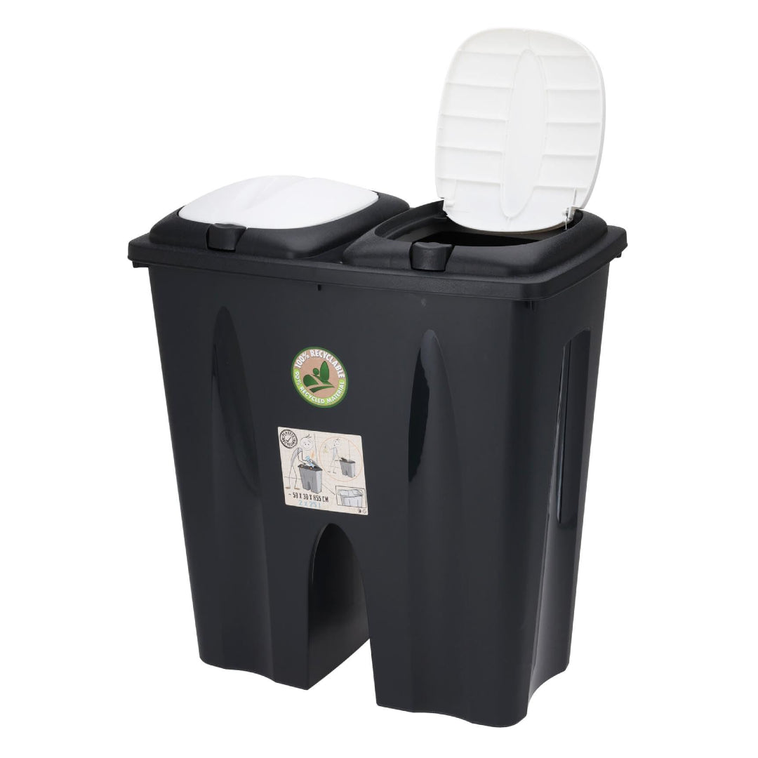 Black Dual Compartment Kitchen Bins – 2x25L Food Waste Bins with Flip Lids – Separation Recycling Bins for Home, Kitchen & Office – 50x55x30cm