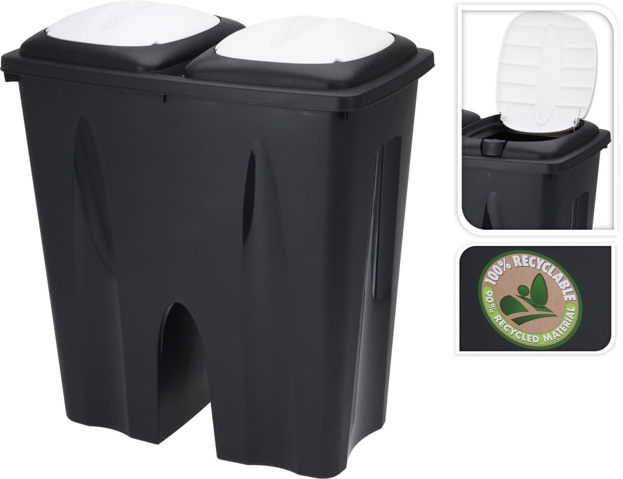Black Dual Compartment Kitchen Bins – 2x25L Food Waste Bins with Flip Lids – Separation Recycling Bins for Home, Kitchen & Office – 50x55x30cm