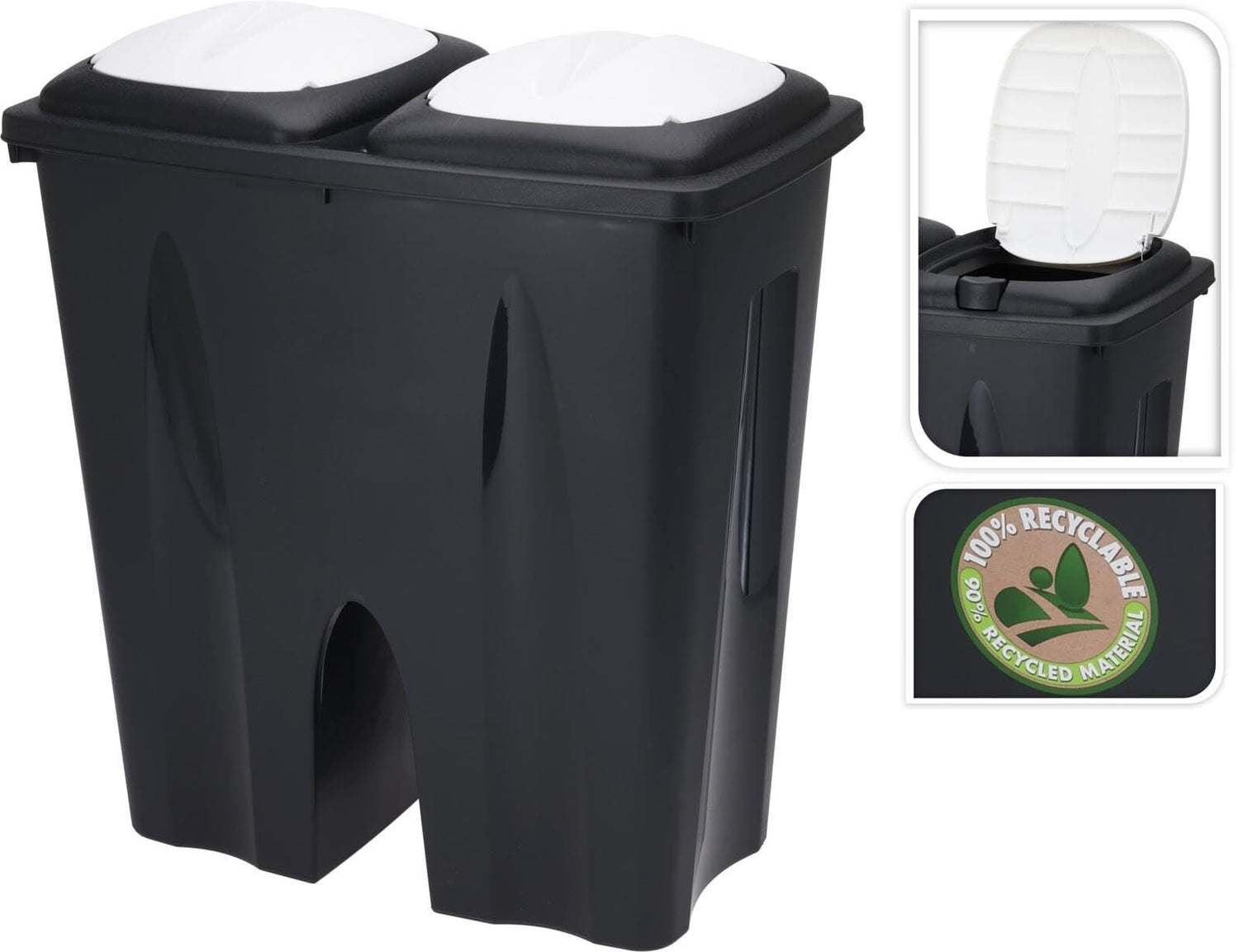 Black Dual Compartment Kitchen Bins – 2x25L Food Waste Bins with Flip Lids – Separation Recycling Bins for Home, Kitchen & Office – 50x55x30cm