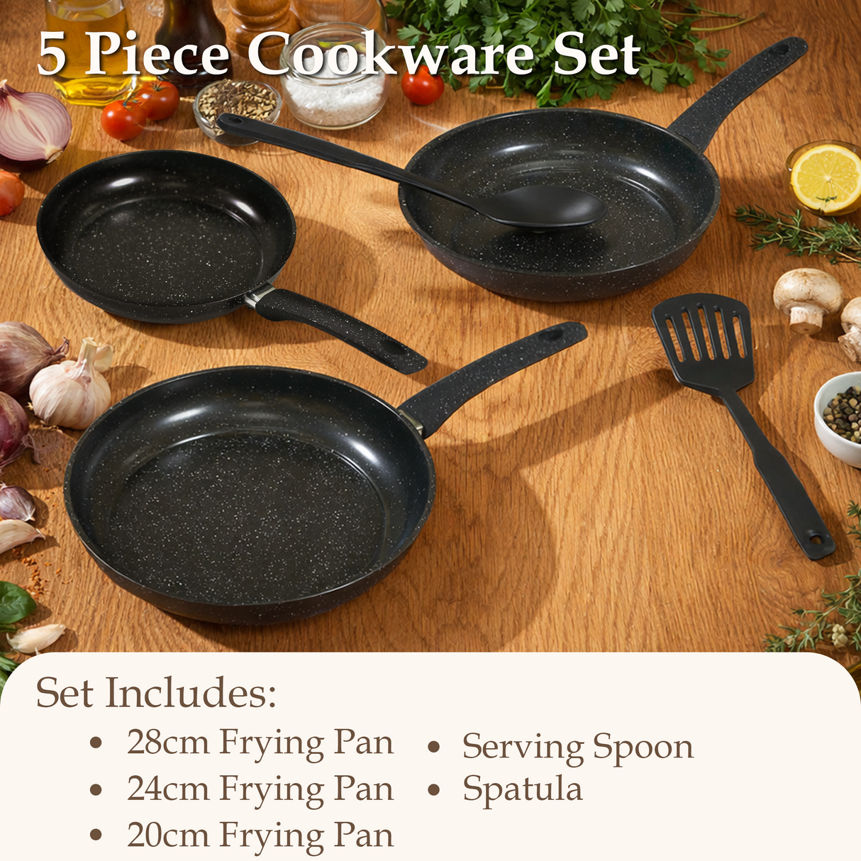 5pc Non Stick Cookware Frying Pans & Utensils Set