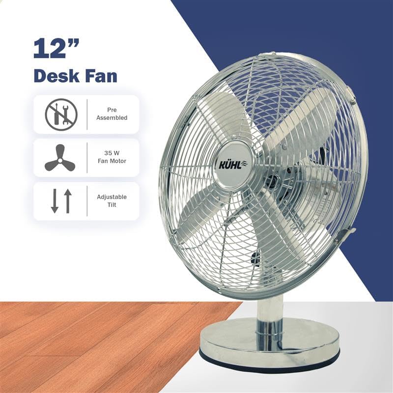 KÜHL 12" Desk Fan Electric Oscillating Metal Cooling Fan with 3 Speed Settings | Adjustable Tilt | Table Fan for Home, Office or Bedroom | Easy to Assemble