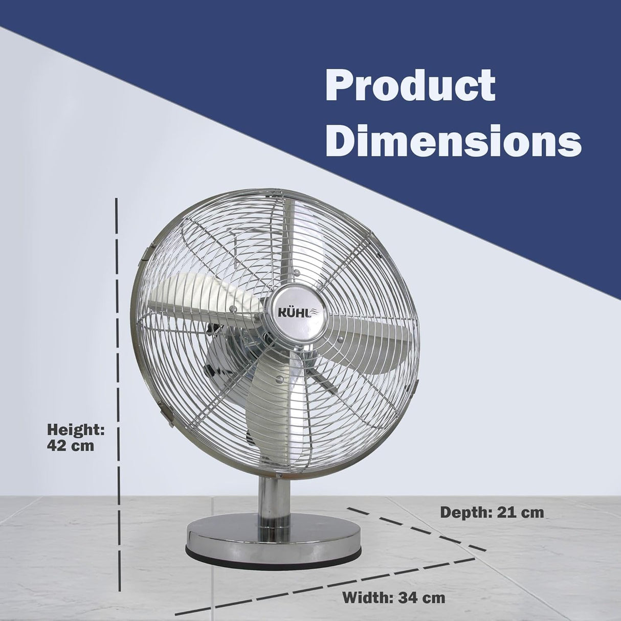 KÜHL 12" Desk Fan Electric Oscillating Metal Cooling Fan with 3 Speed Settings | Adjustable Tilt | Table Fan for Home, Office or Bedroom | Easy to Assemble