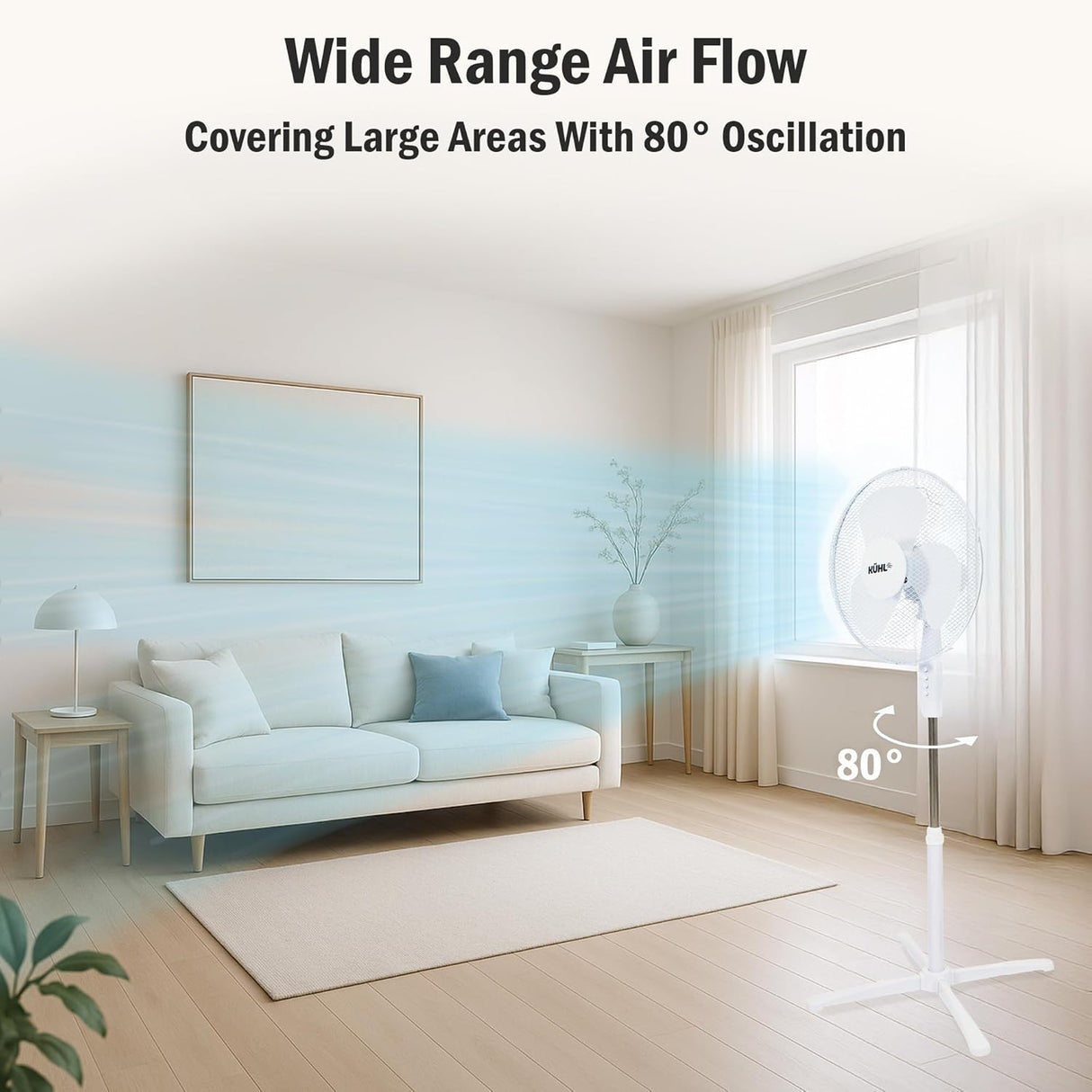 KÜHL 16" White Electric Pedestal Fan | 3 Speed Settings | 80° Oscillation | Adjustable Standing Fan | Easy to Assemble | For Home & Office