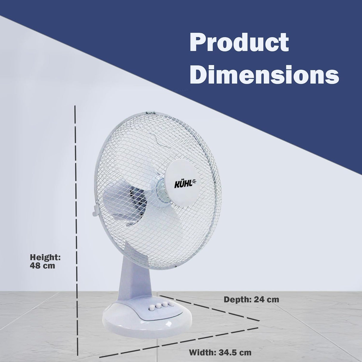 KÜHL 12" White Desk Fan Electric Oscillating Cooling Fan with 3 Speed Settings | Adjustable Tilt | Table Fan for Home, Office or Bedroom | Easy to Assemble