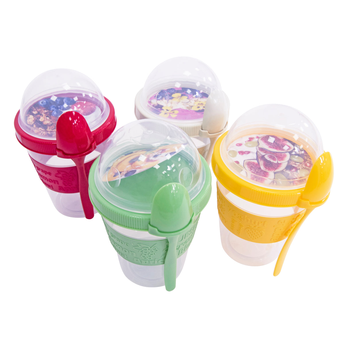 Clear Portable Cereal & Yoghurt Cups with Lids and Spoons – Reusable Overnight Oats Jar On The Go Breakfast Pots - BPA Free - 4 Assorted Colours