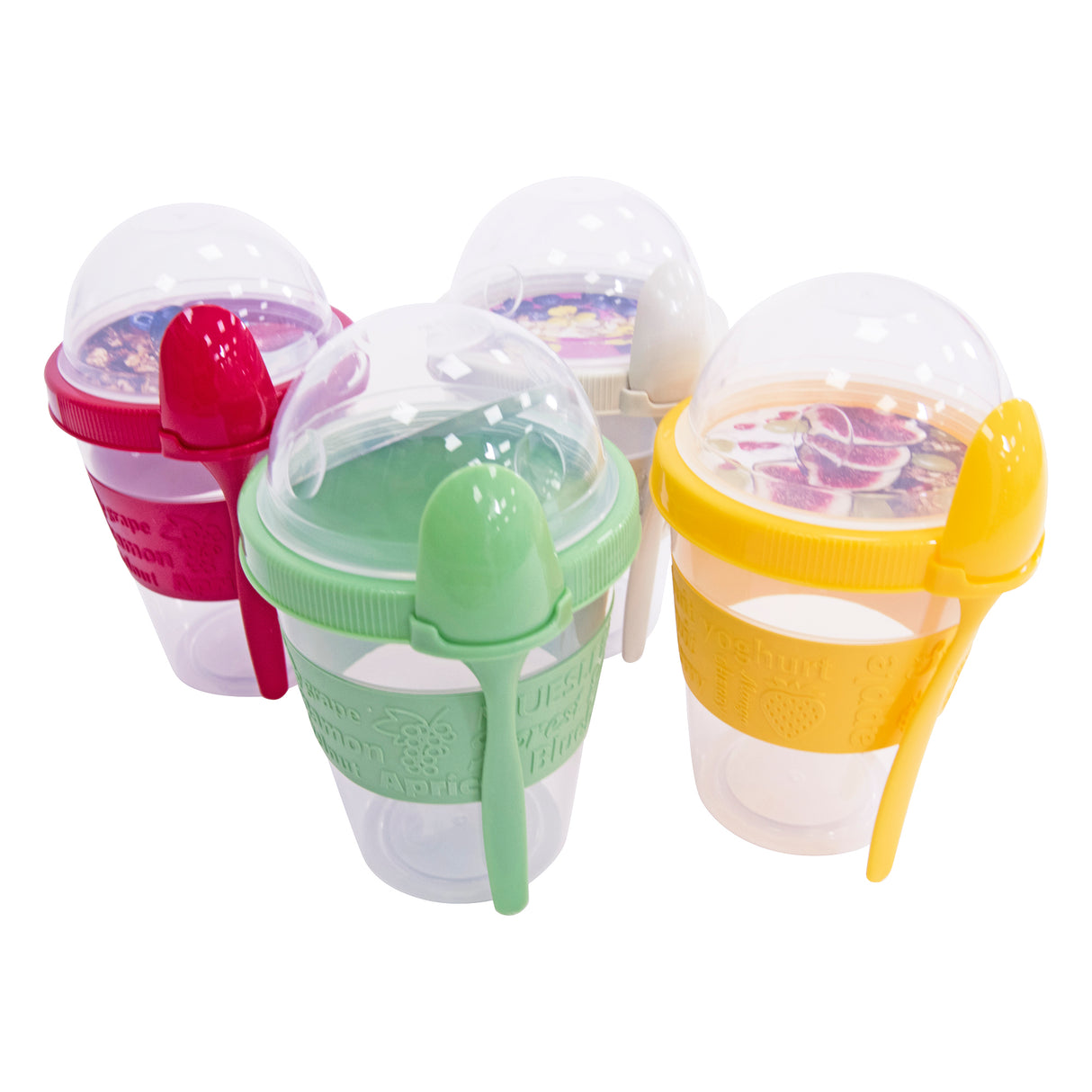Clear Portable Cereal & Yoghurt Cups with Lids and Spoons – Reusable Overnight Oats Jar On The Go Breakfast Pots - BPA Free - 4 Assorted Colours