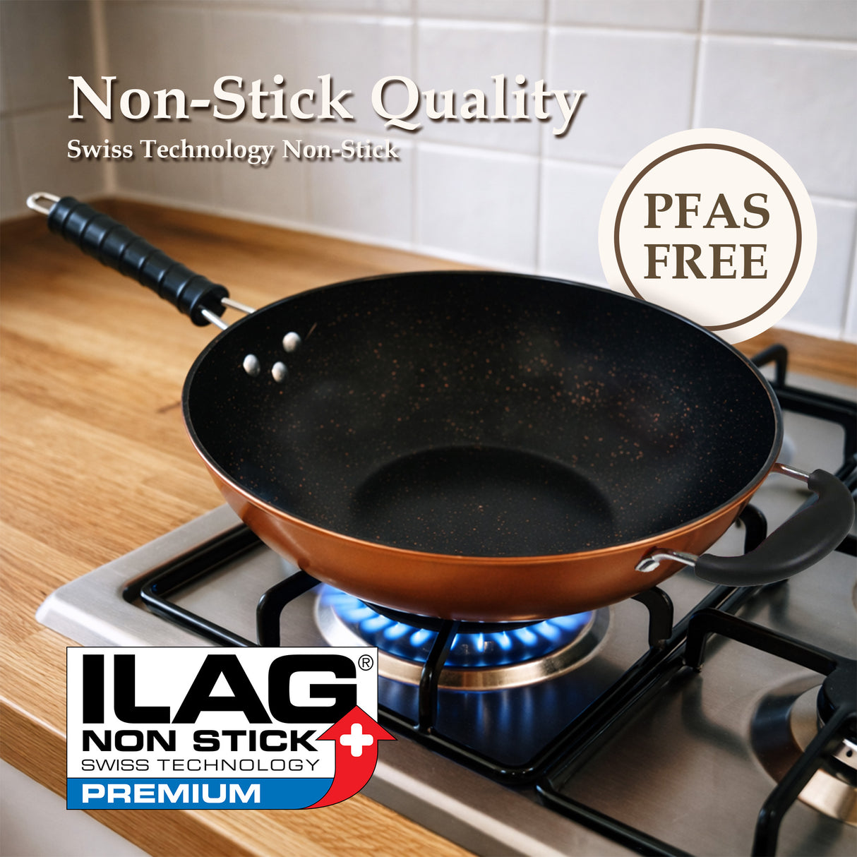 30cm Copper Finish Non Stick Wok with Dual Handle
