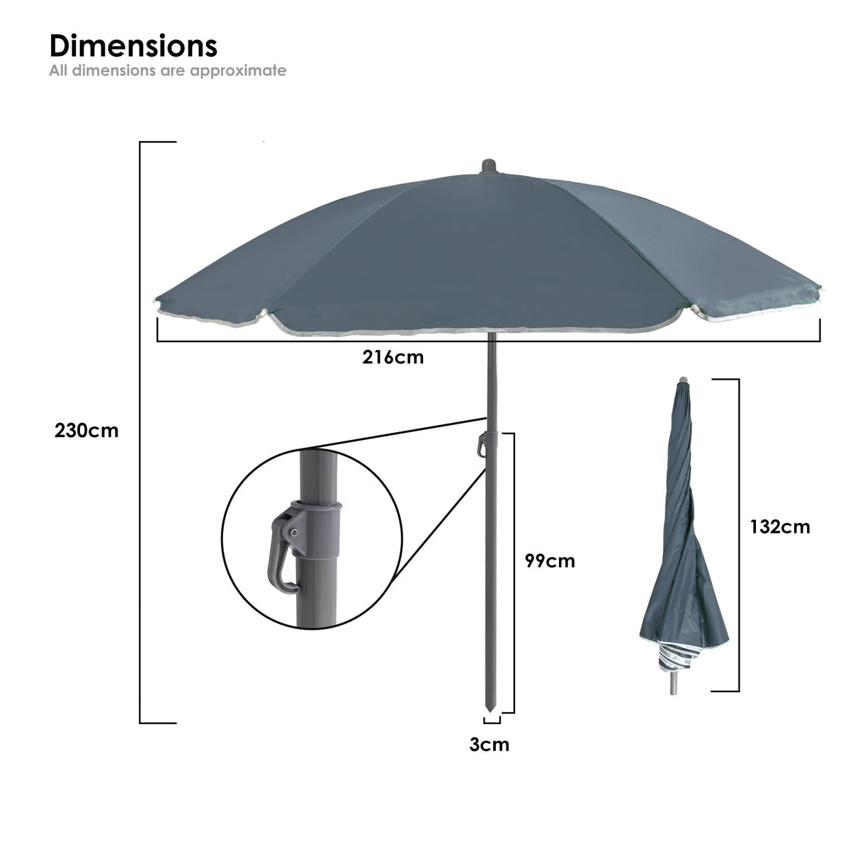 240cm (7ft 8in) Grey Parasol with Base Garden