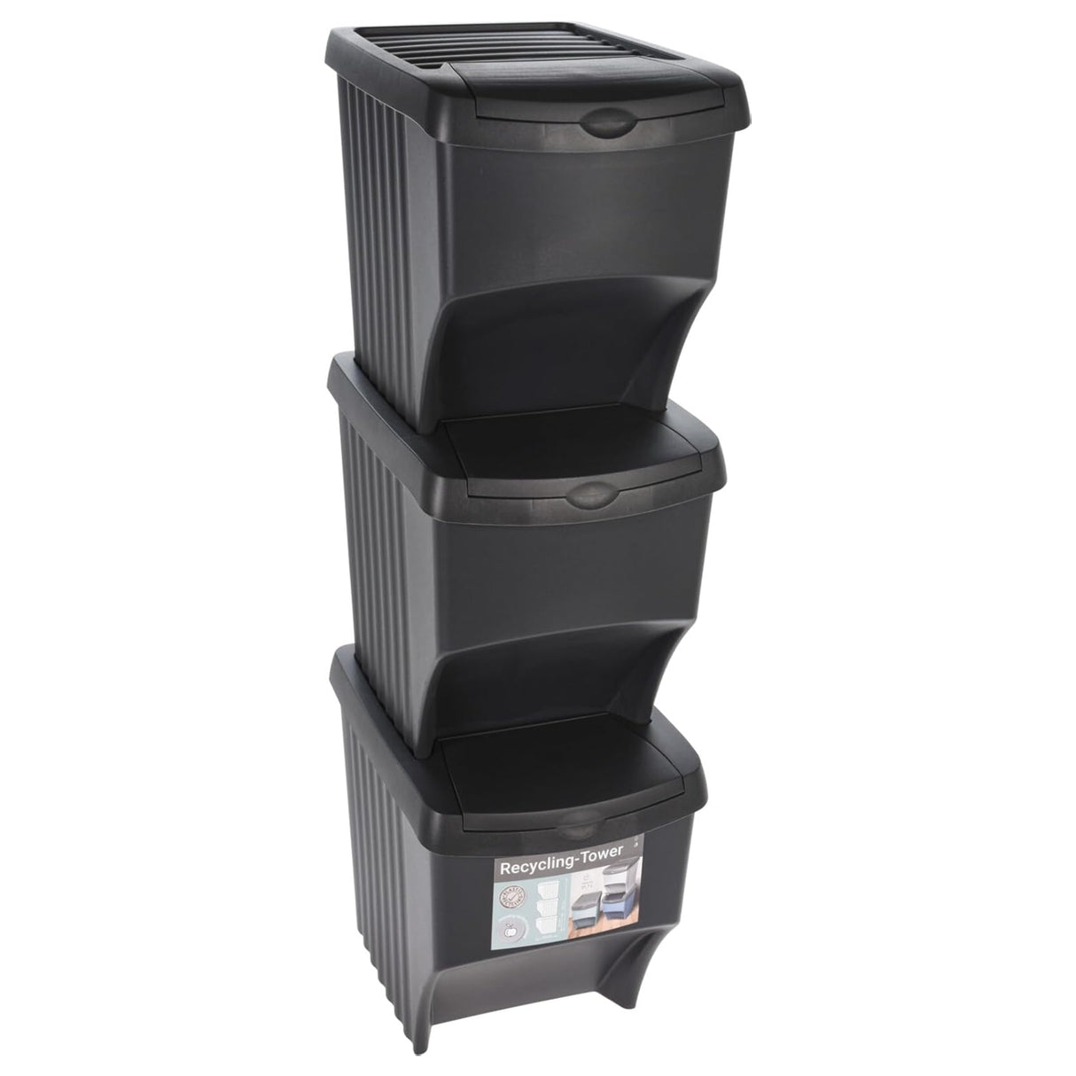 Stackable Recycling Bins, Set of 3, Front-Opening Lids, Kitchen Waste Sorting Containers with Organisation Stickers