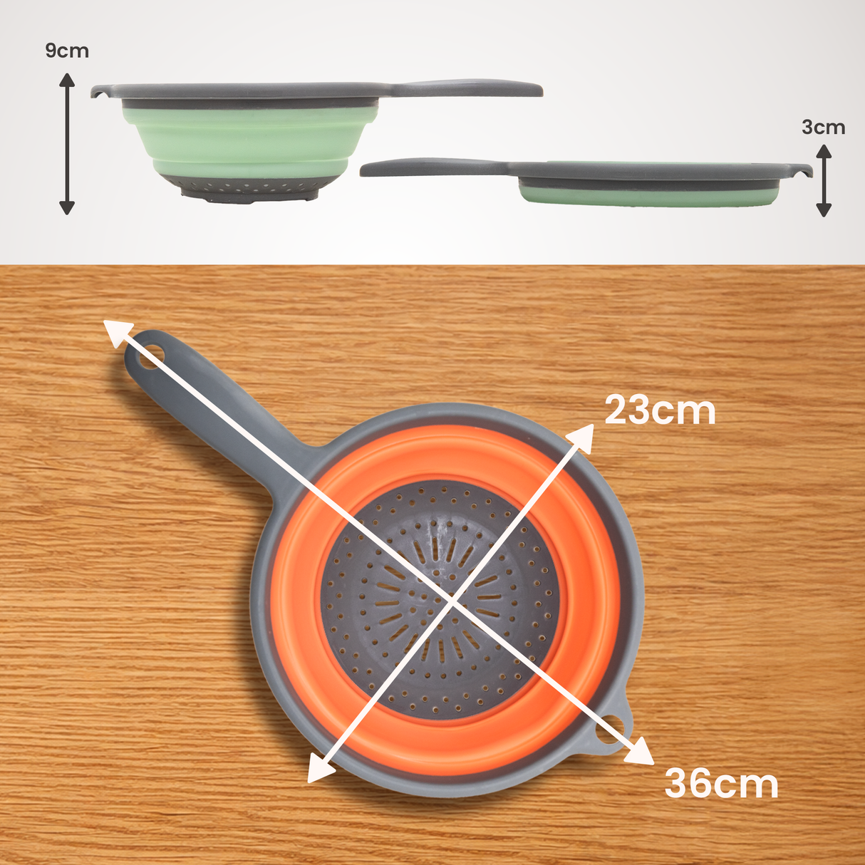 Collapsible Silicone Kitchen Colander with Handle + Without Handle - BPA Free, Non Toxic - Space Saving Folding Food Strainer for Kitchen & Travel 23cm (Colander with Handle) - Assorted